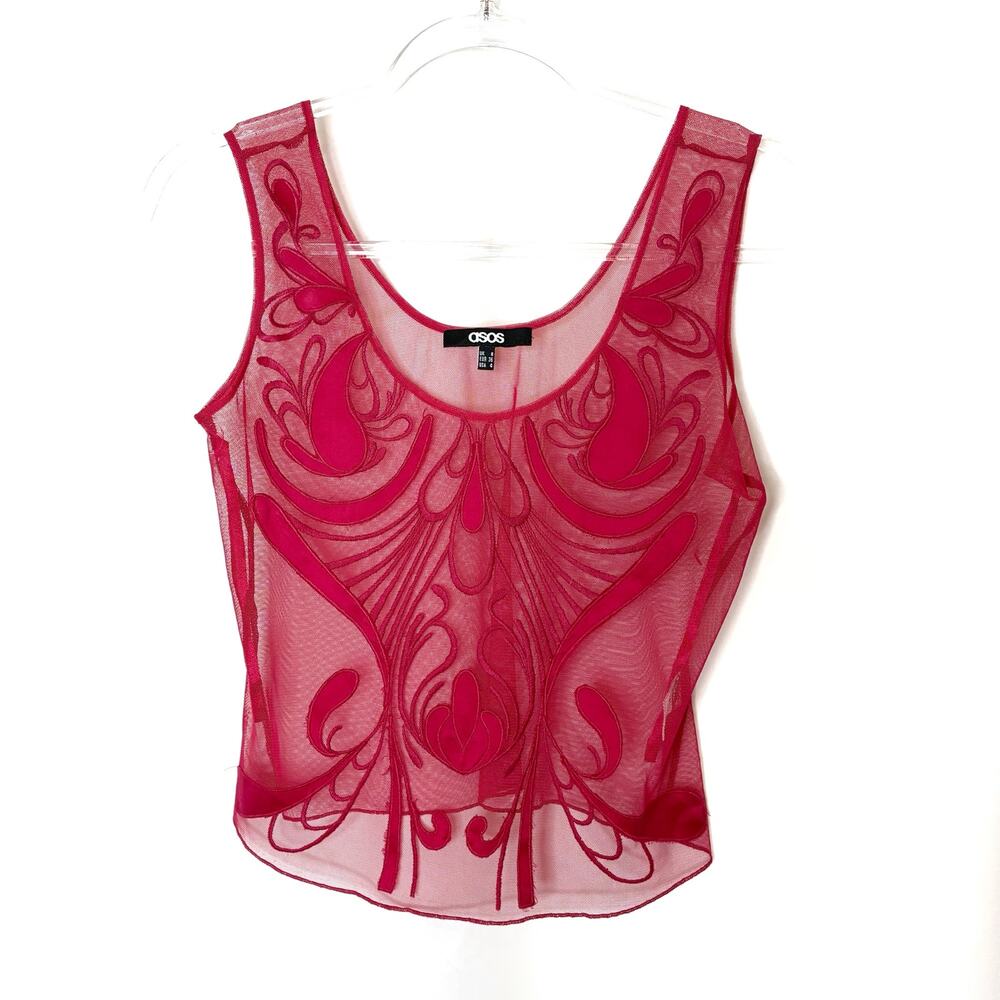 ASOS Bright Red Sheer Embroidered Tank Top 100% Polyester Womens 4